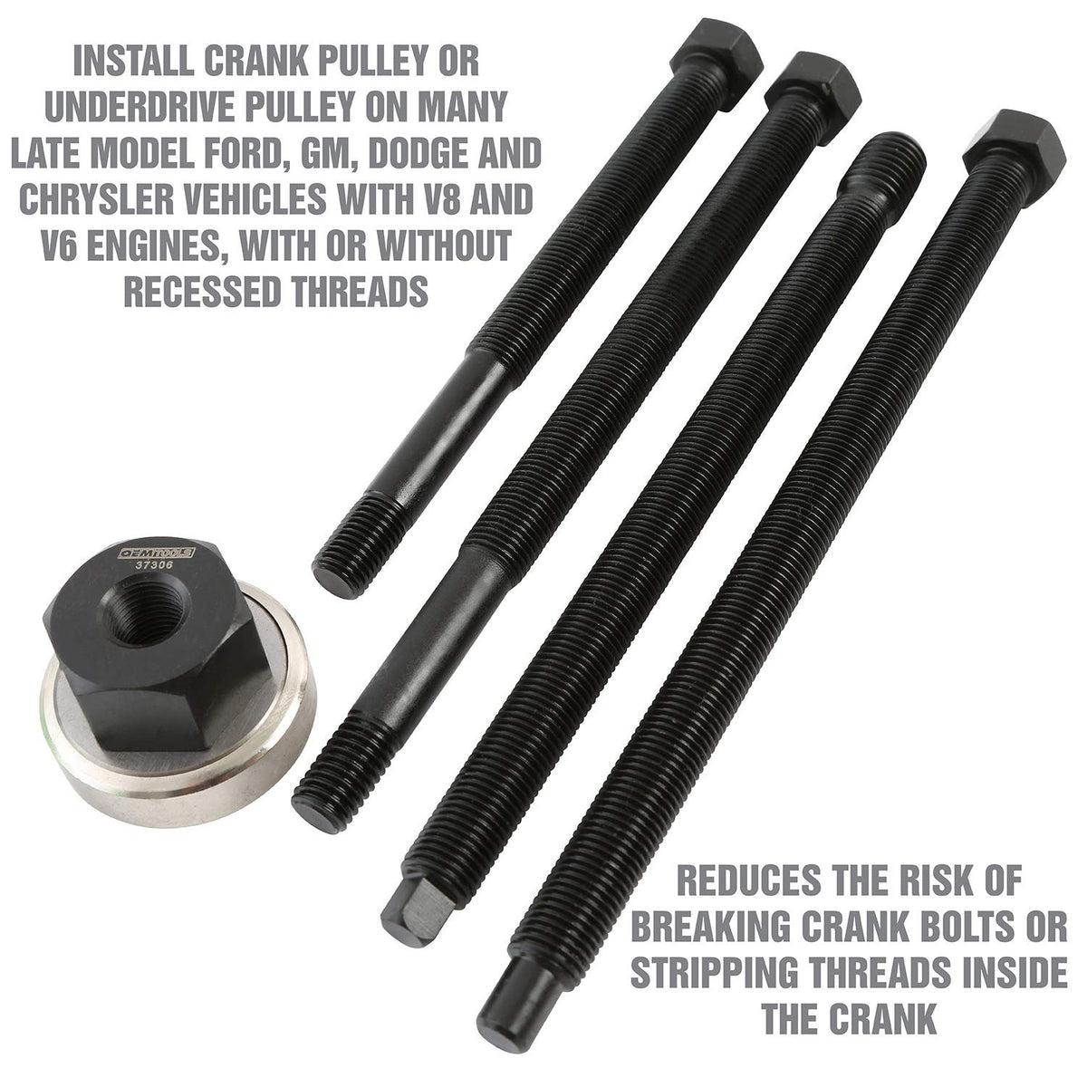 OEMTOOLS threaded rod installed in crankshaft demonstrating reach for deep pulleys