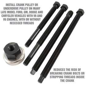 OEMTOOLS threaded rod installed in crankshaft demonstrating reach for deep pulleys