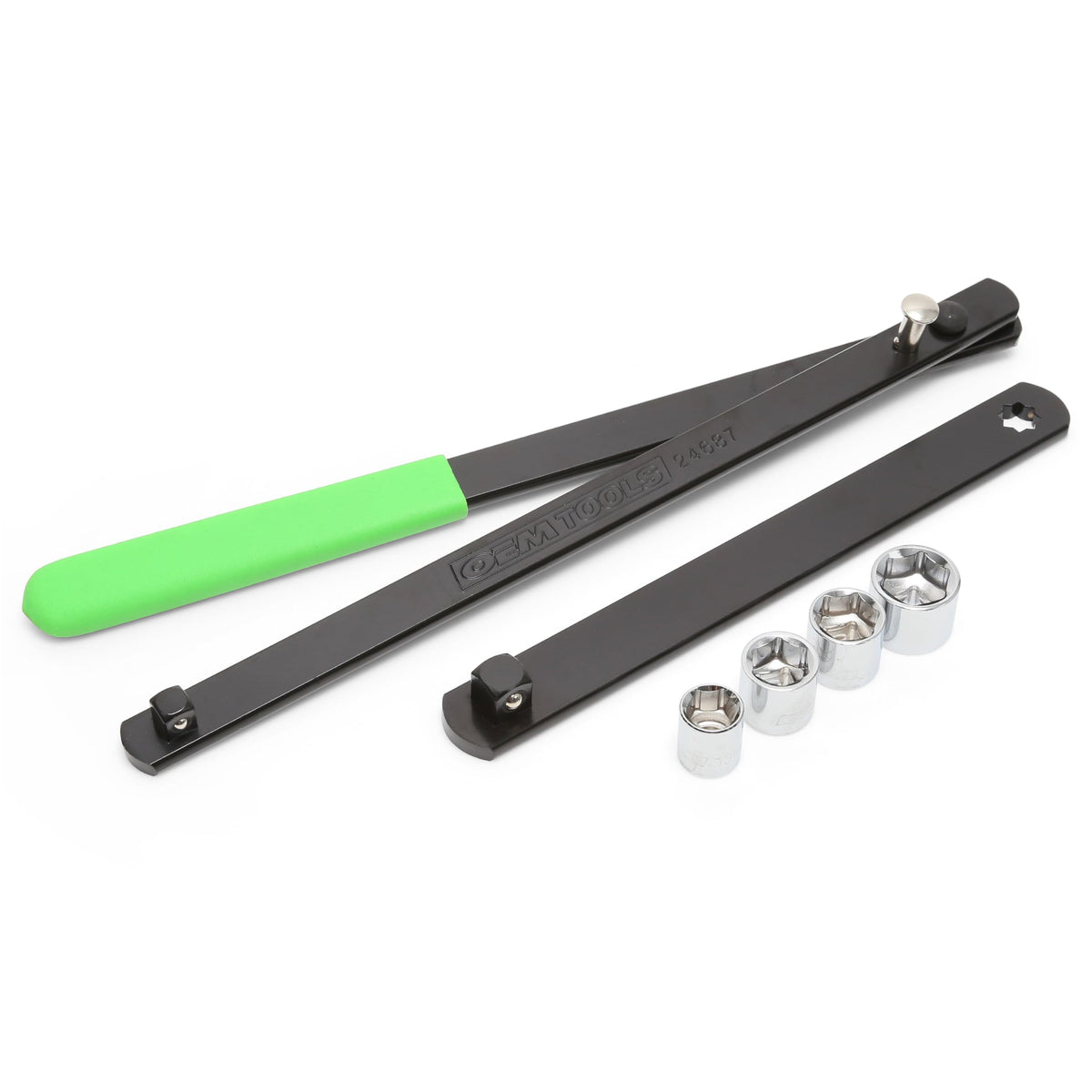 OEMTOOLS serpentine toolset front view showing full 8-piece kit and benefit of organization