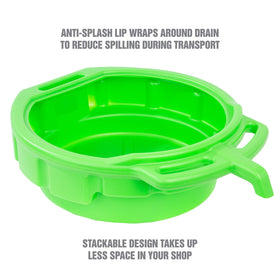 OEMTOOLS pan beside a quart bottle showing 4-gallon capacity for efficient service