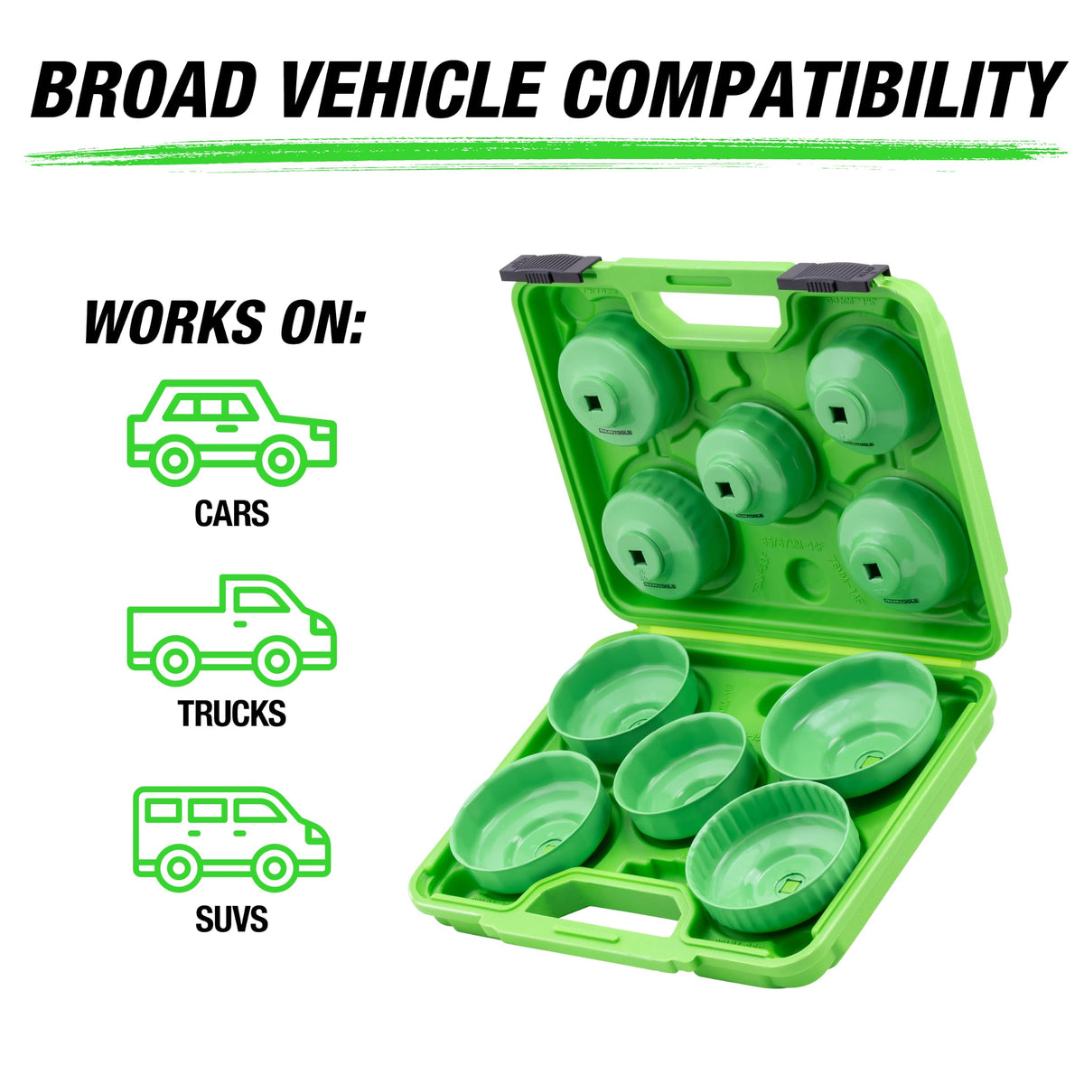 OEMTOOLS socket size lineup displaying ten cap wrench sizes for many filters