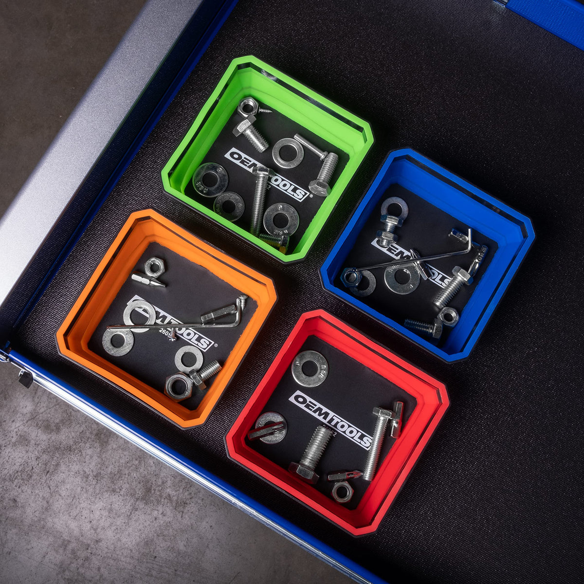 OEMTOOLS tray attached to toolbox side for hands-free small parts storage
