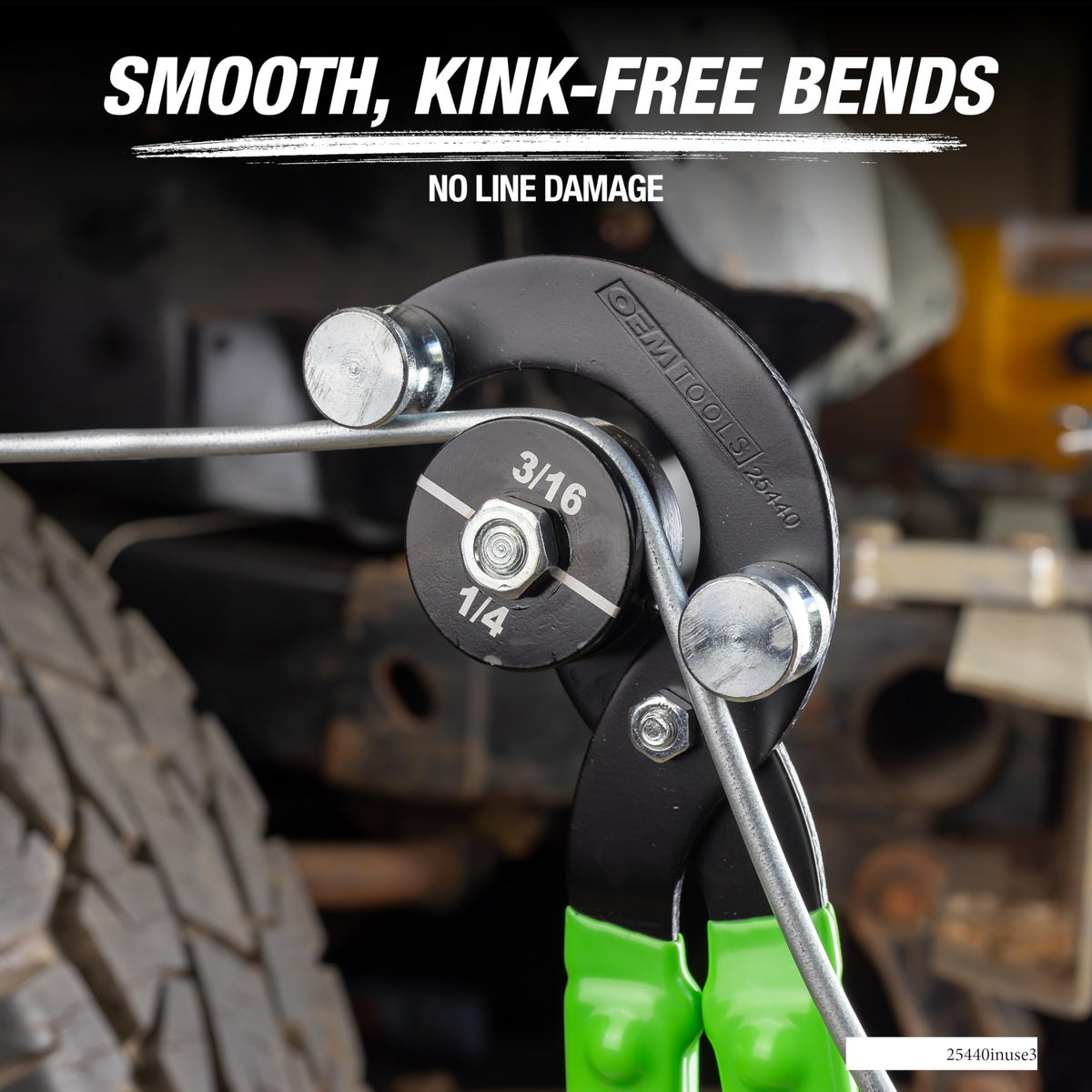 OEMTOOLS pliers bending a brake line under a vehicle, demonstrating tight-space use