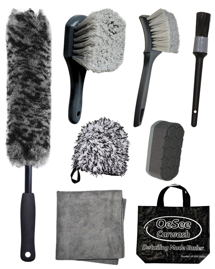 oesee front packaging showing full 8-piece wheel cleaning kit and organized layout