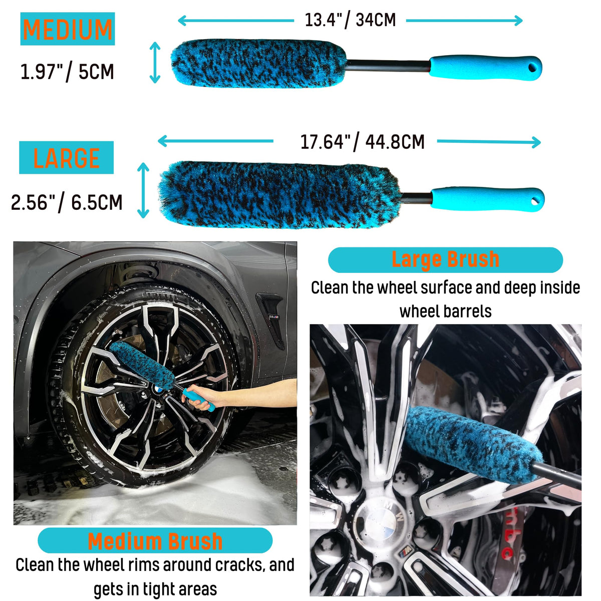 oesee soft wheel brush close-up showing plush fibers that protect rims while lifting dirt