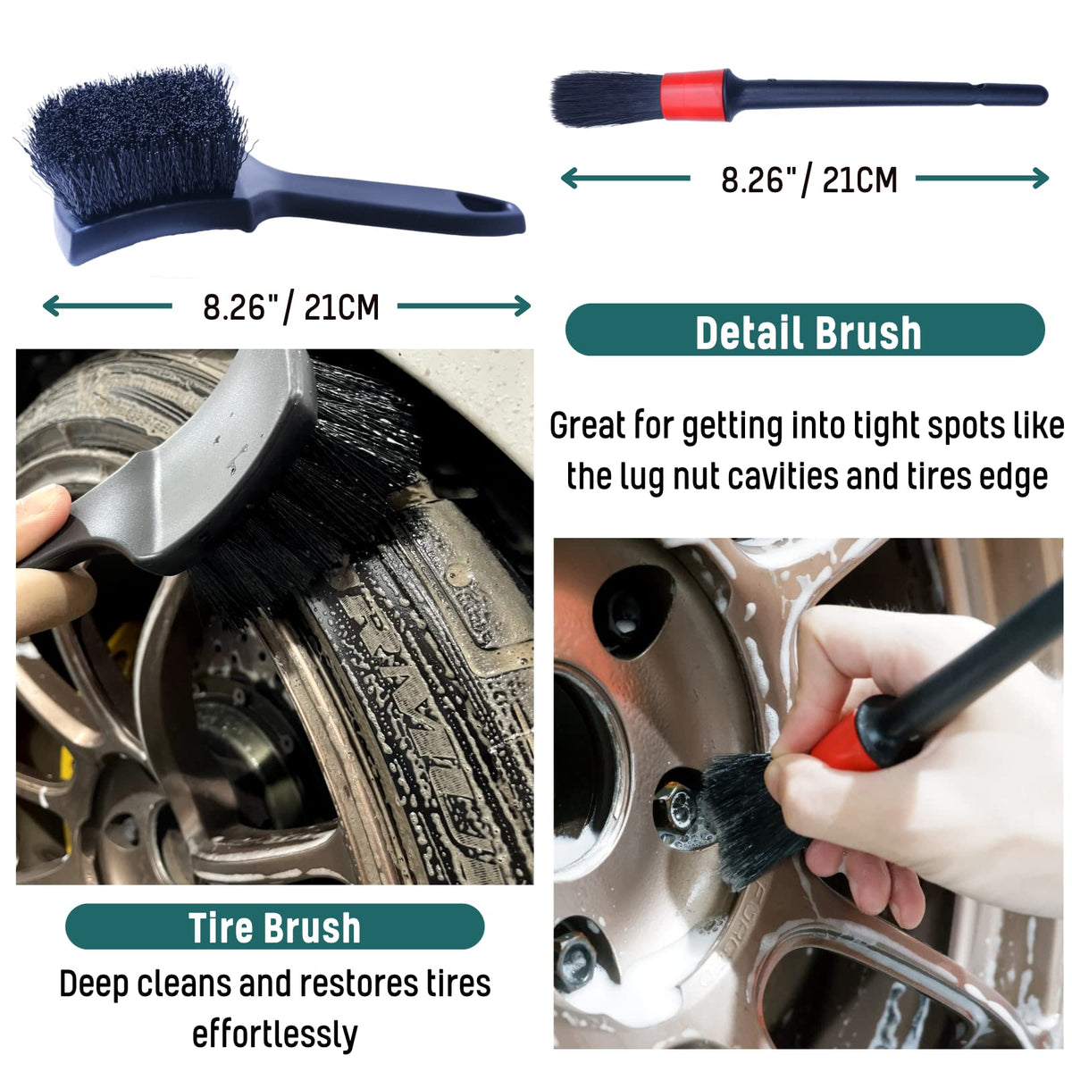 oesee stiff tire brush scrubbing tire sidewall to remove grime