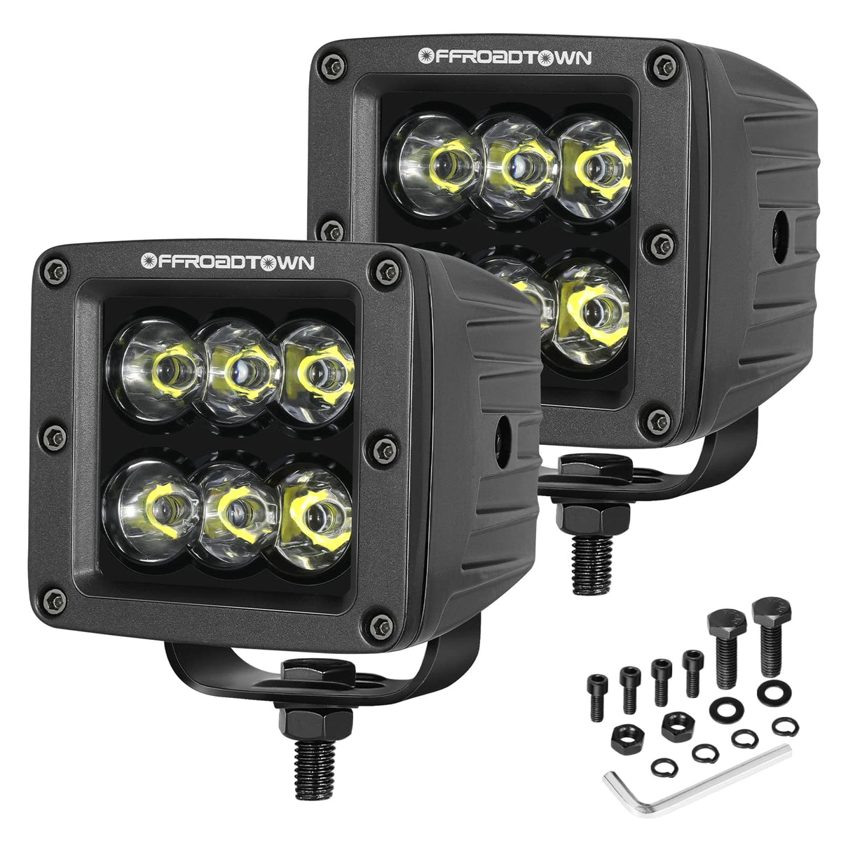 OFFROADTOWN front view of LED cube showing compact housing and strong beam benefit