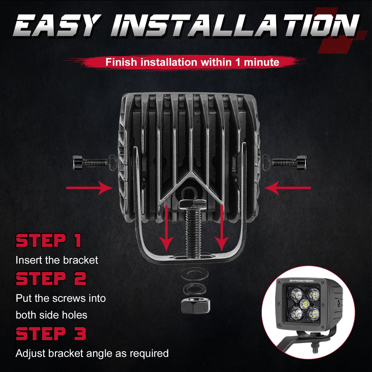 OFFROADTOWN packaging with brackets showing ready-to-install convenience benefit