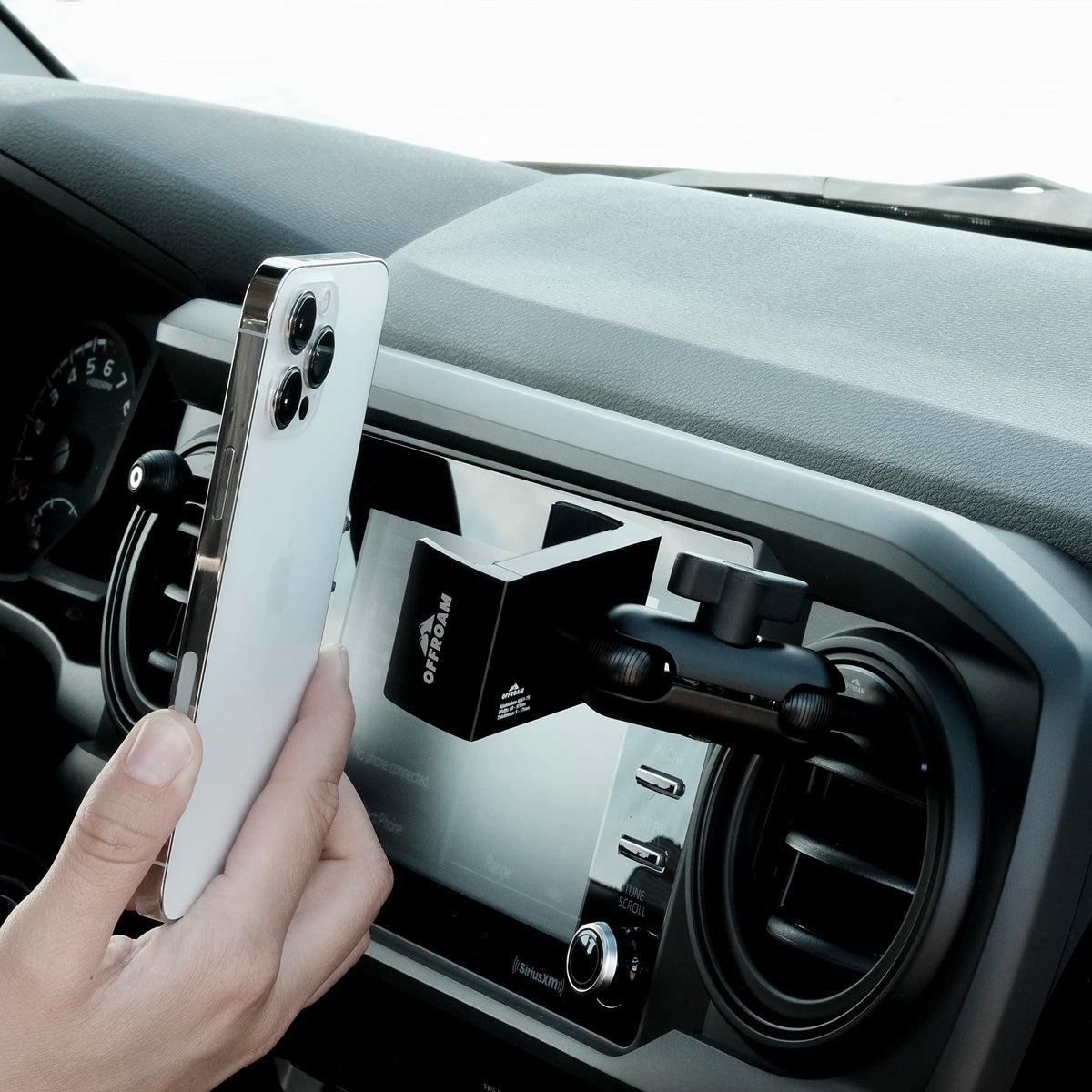 Offroam front-mounted view on Toyota dashboard showing secure placement and visibility