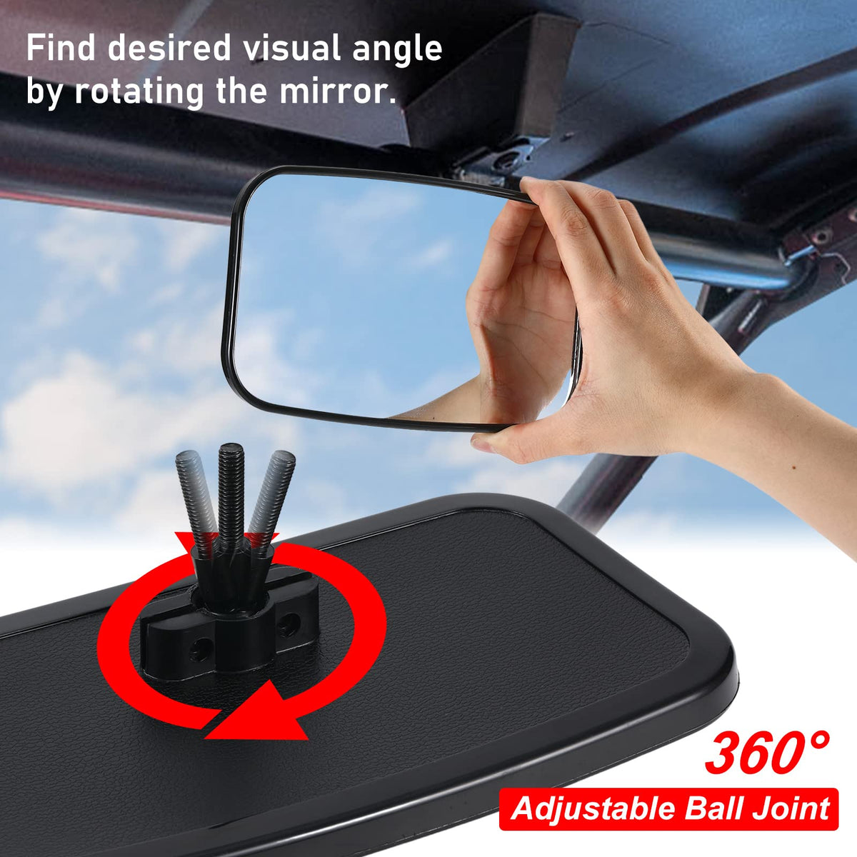 OFIG mirror mounted on Polaris RZR roll bar showing improved rear visibility on trails
