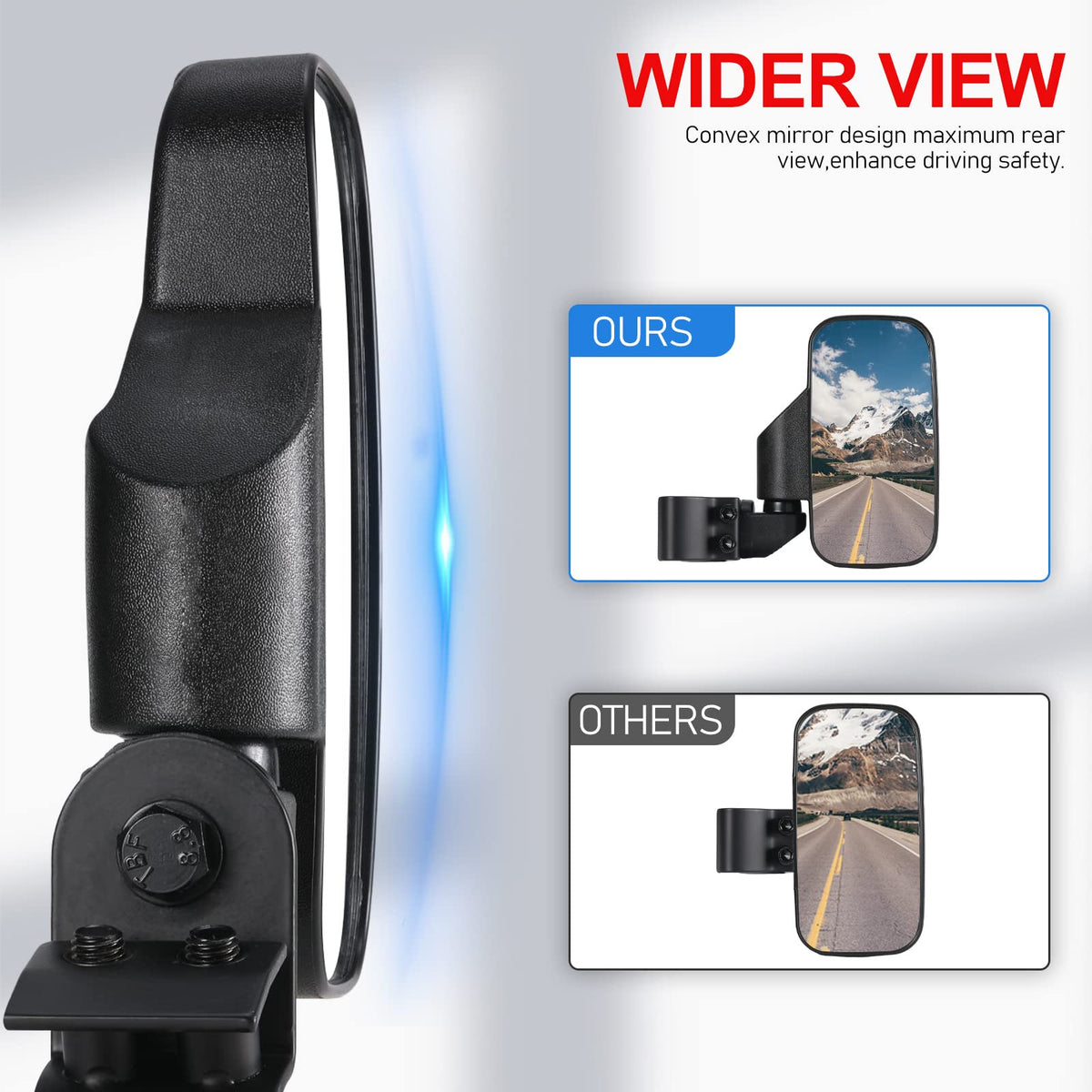 OFIG driver-side mirror mounted on Polaris Ranger showing improved side visibility