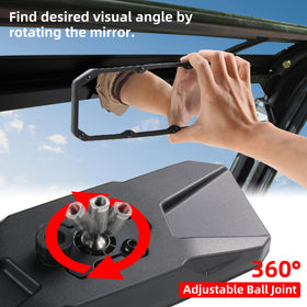 OFIG passenger-side mirror mounted on Polaris Ranger showing reduced blind spots