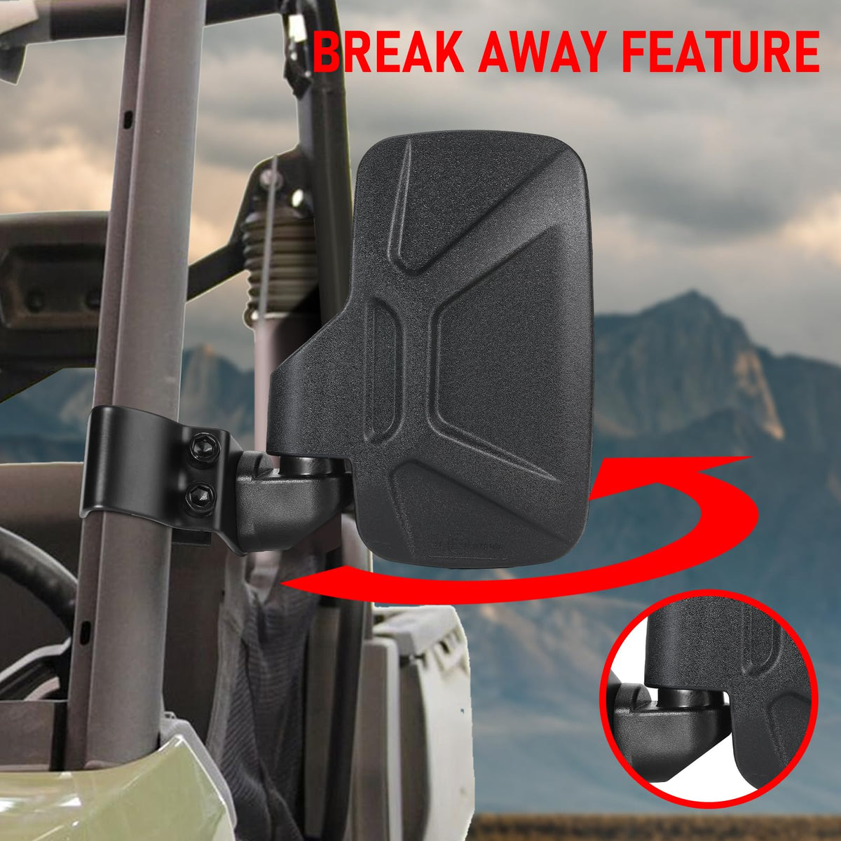 OFIG side mirror close-up showing break-away hinge and durable finish