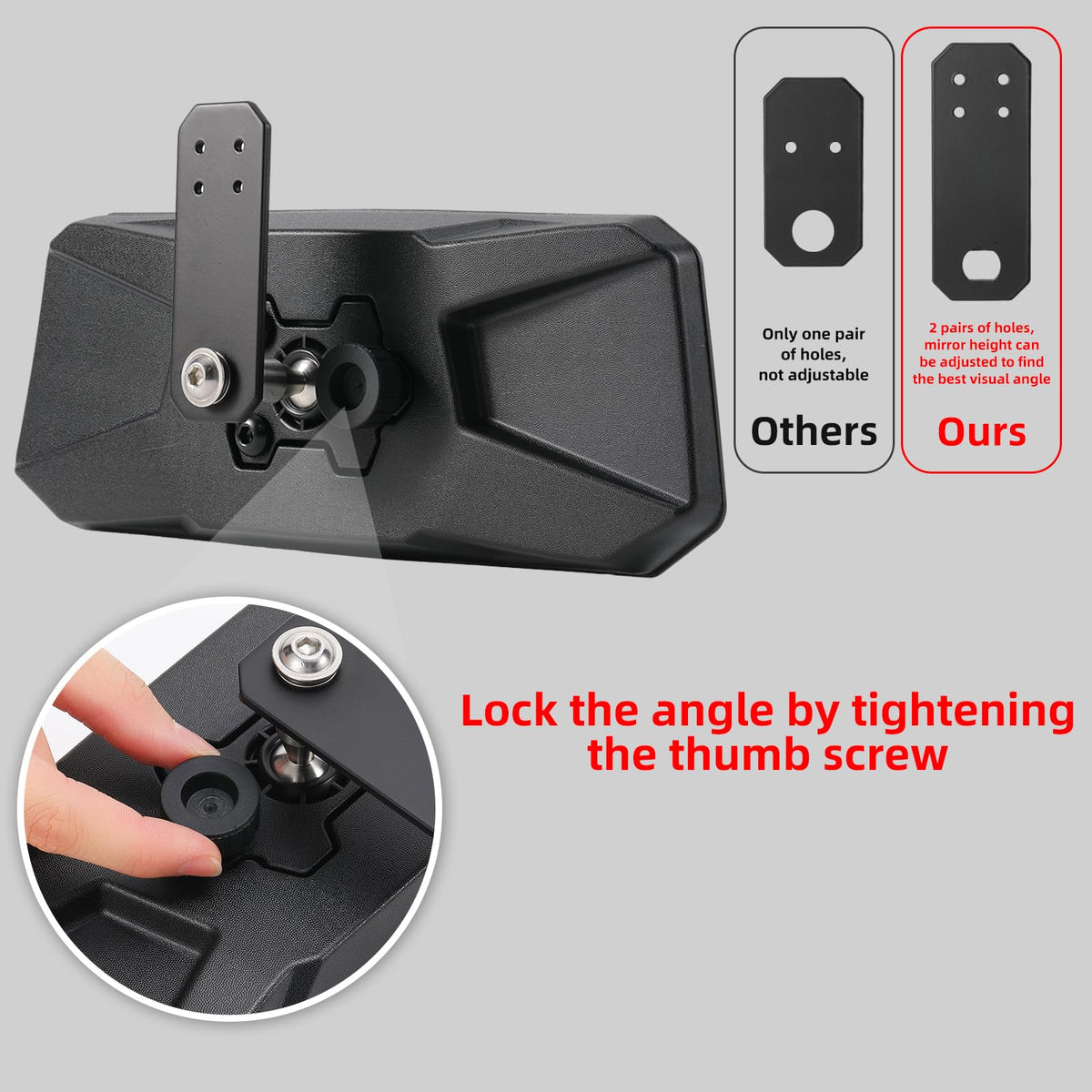 OFIG mirrors next to ruler size comparison showing compact, adjustable profile