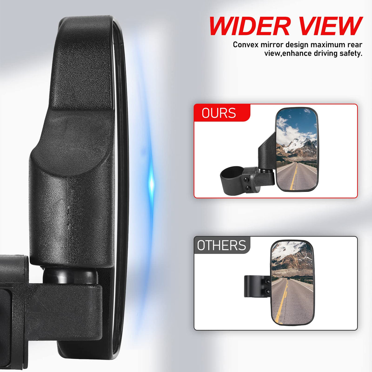 OFIG mirrors on UTV for size comparison displaying fit on 1.6"–2" round roll bars