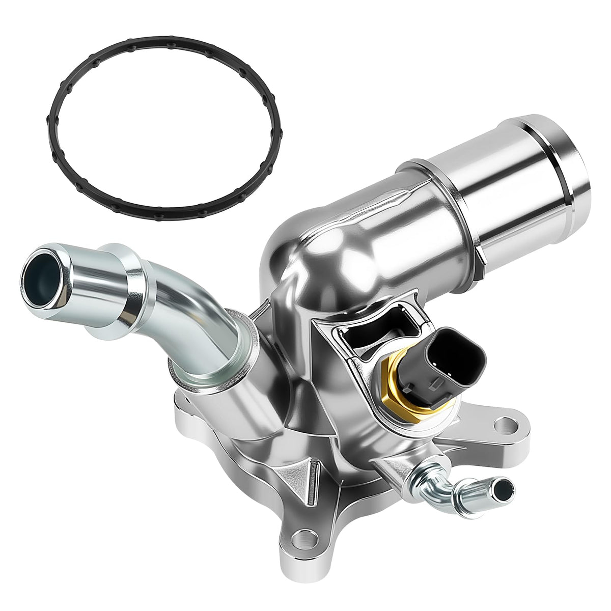 OGATOO front view thermostat housing showing exact-fit flange and ports, ensures leak-free repair