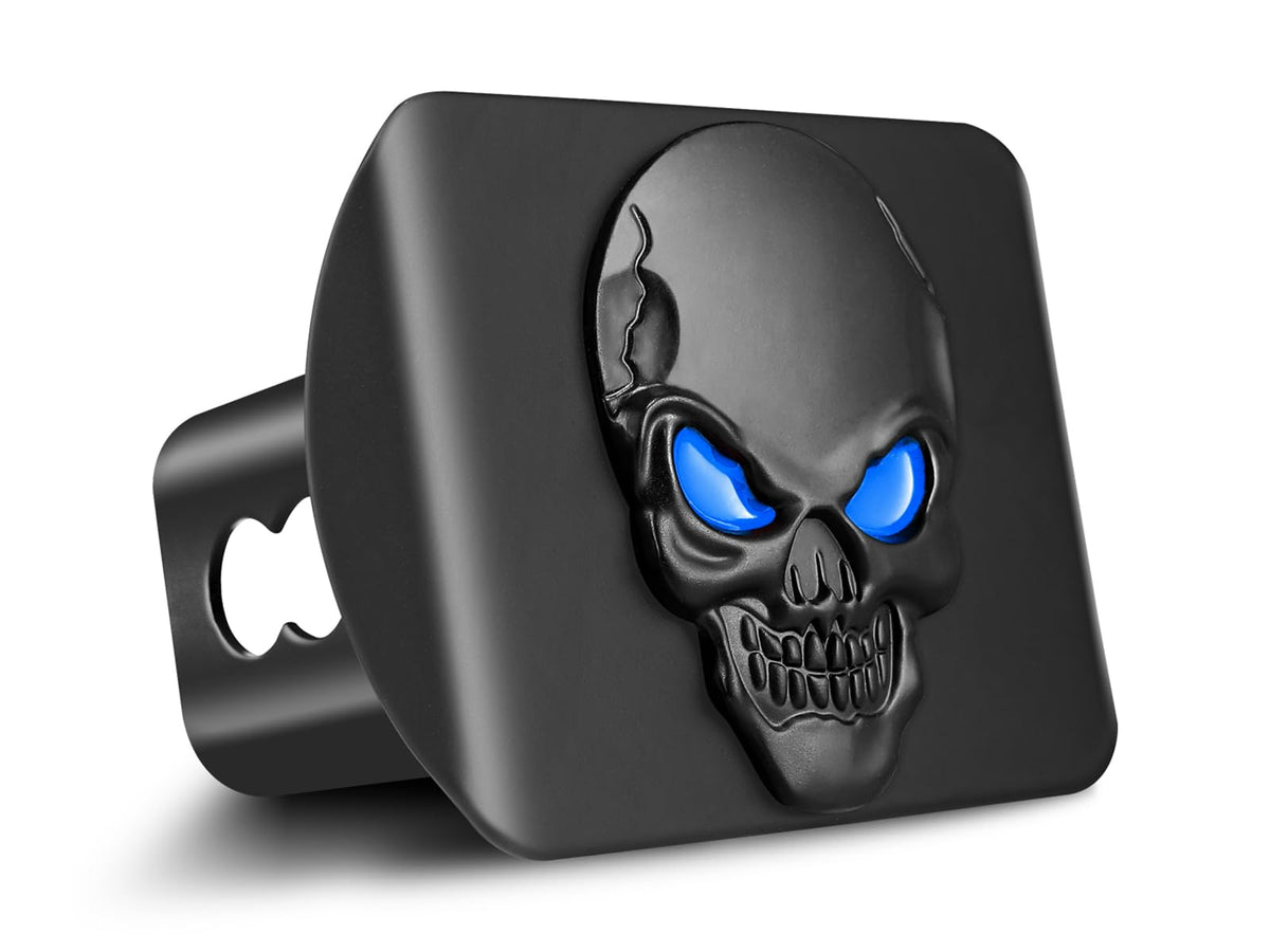 OGYE skull close-up with blue eye accent highlighting finish detail and durability