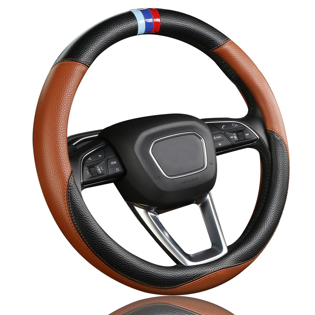 OHHMNKK brown leather steering wheel cover front view showing polished look and upgraded cabin appeal