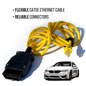 OHP ENET cable plugged into laptop during coding showing stable transfer