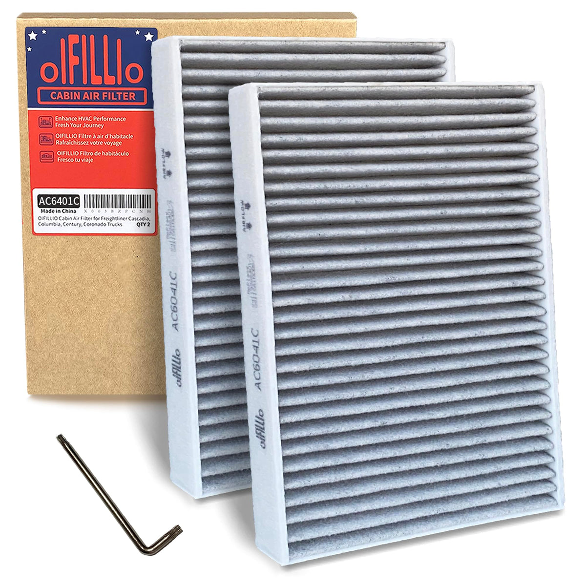 OIFILLIO front packaging for BMW cabin filter showing contents and benefit