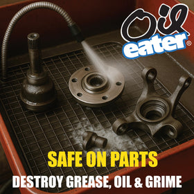 Close-up of Oil Eater label including usage and microbe-safe wording