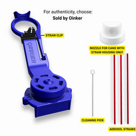 Oinker attached to aerosol can showing universal compatibility and ease
