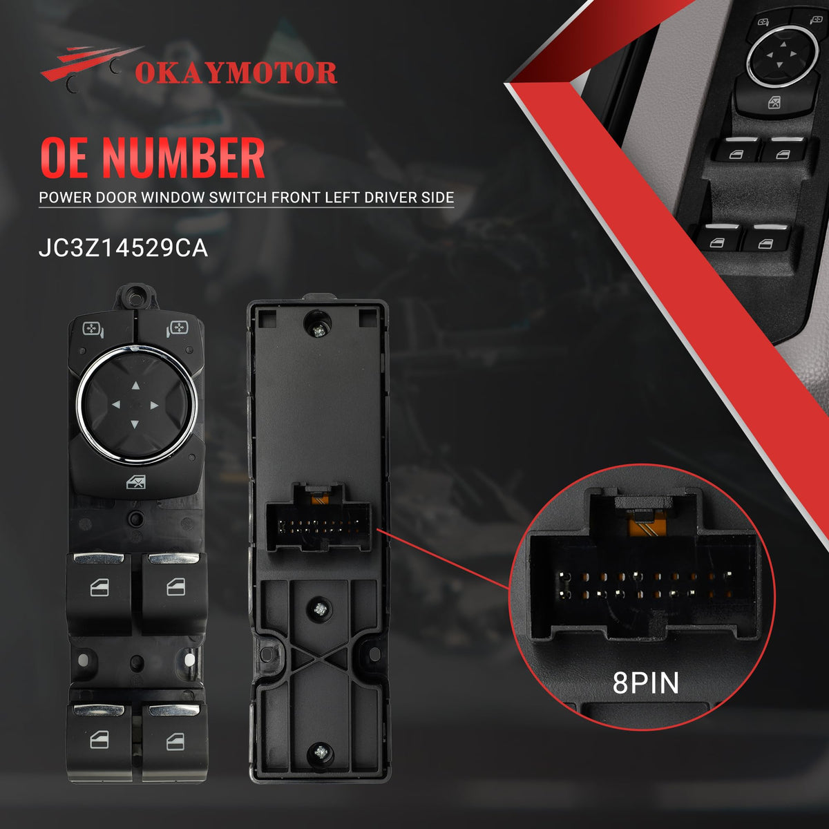 OKAY MOTOR close-up of switch buttons highlighting tactile controls and durable finish