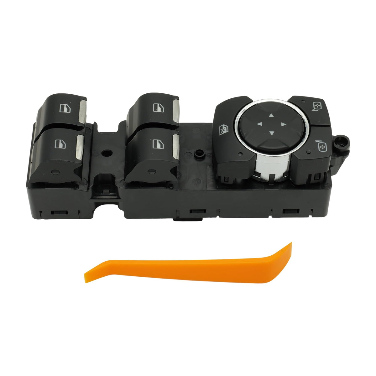 OKAY MOTOR front view of driver-side power window switch showing button layout and black finish
