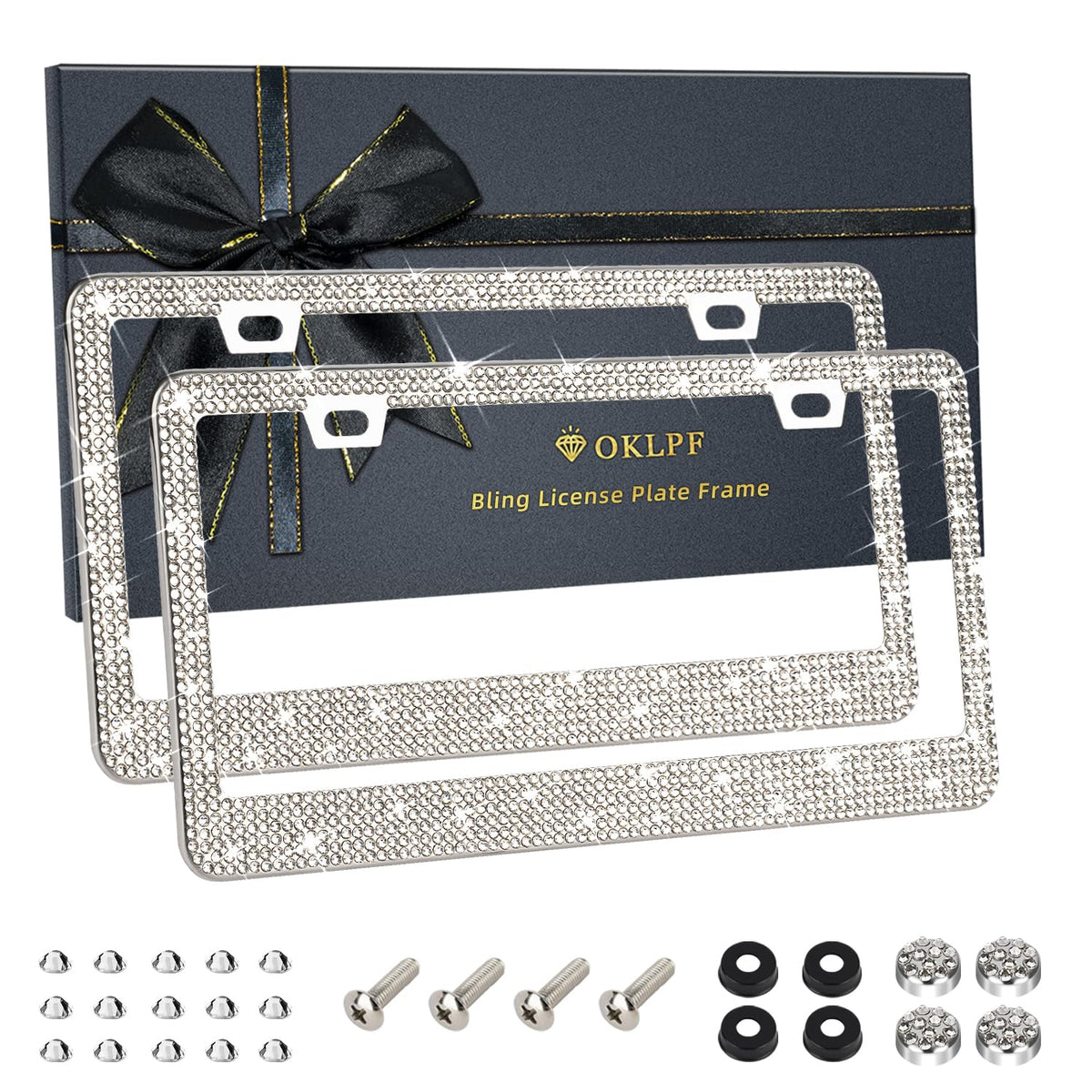 OKLPF front view of white bling license plate frame adds stylish curb appeal