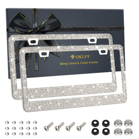 OKLPF front view of white bling license plate frame adds stylish curb appeal