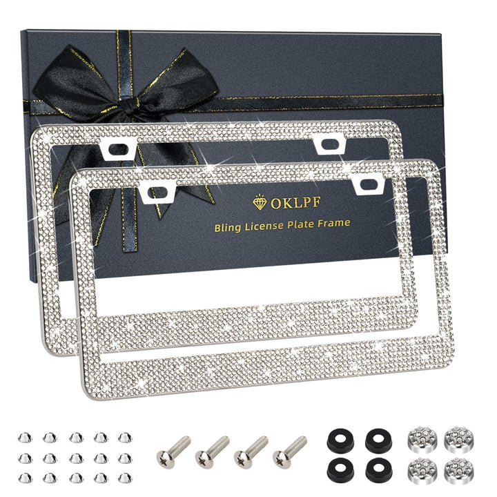 OKLPF front view of white bling license plate frame adds stylish curb appeal