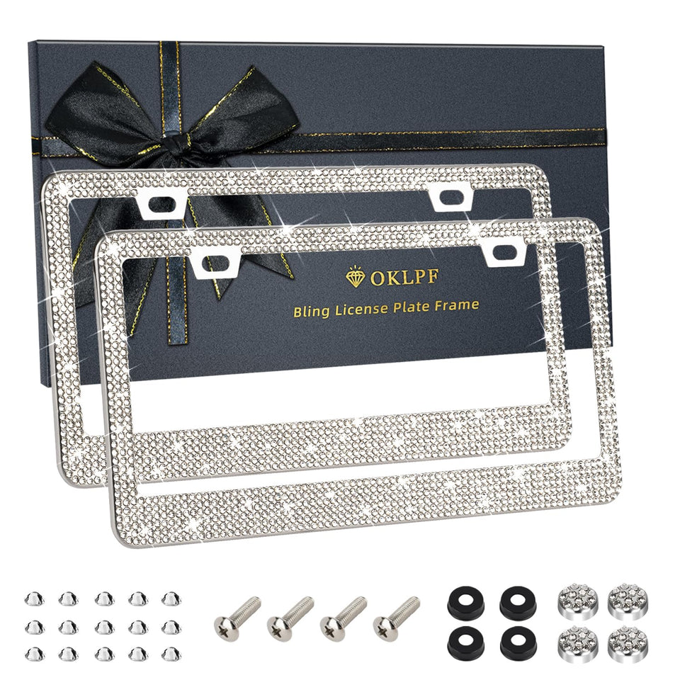 OKLPF front view of white bling license plate frame adds stylish curb appeal