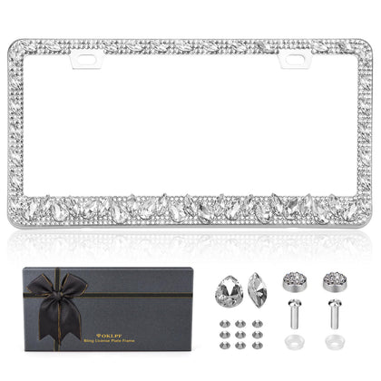 OKLPF front view of white rhinestone license plate frame shows elegant sparkle and fit