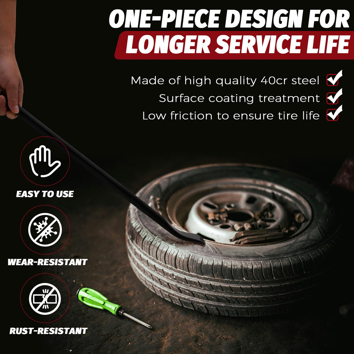 Olaismln tool in use mounting a semi tire demonstrating faster, safer tire change benefit