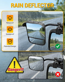 OlaVeg close-up of rain deflector protecting mirror clarity