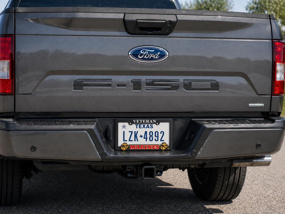 Old Dominion LLC USMC frame mounted on vehicle demonstrating clear veteran recognition