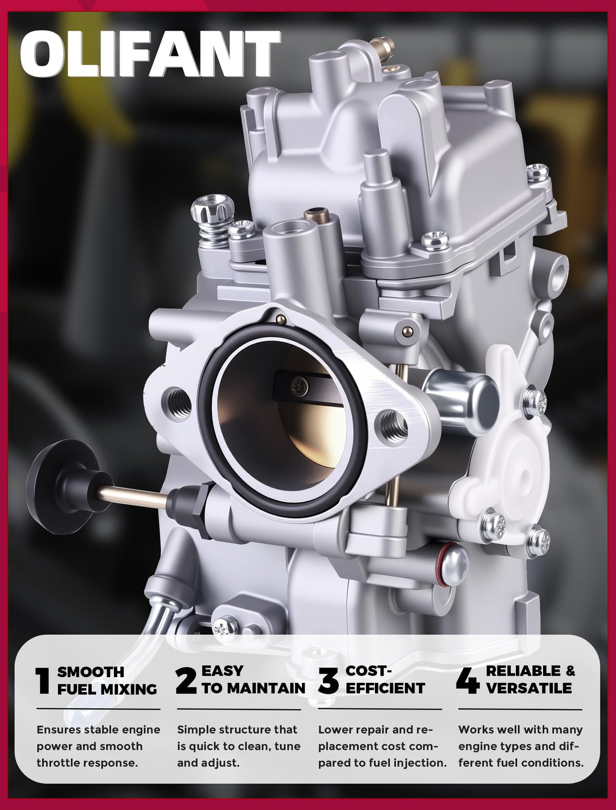 OLIFANT carburetor airfilter-side measurement showing 50mm opening for secure seal