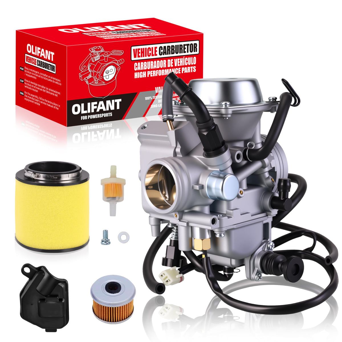 OLIFANT front view of carburetor showing mounting points and fitment benefit