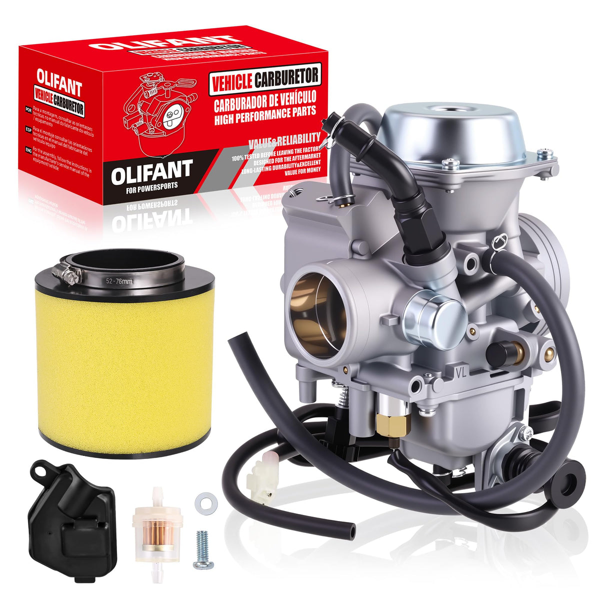 OLIFANT carburetor front view showing mounting points and clean finish for reliable replacement