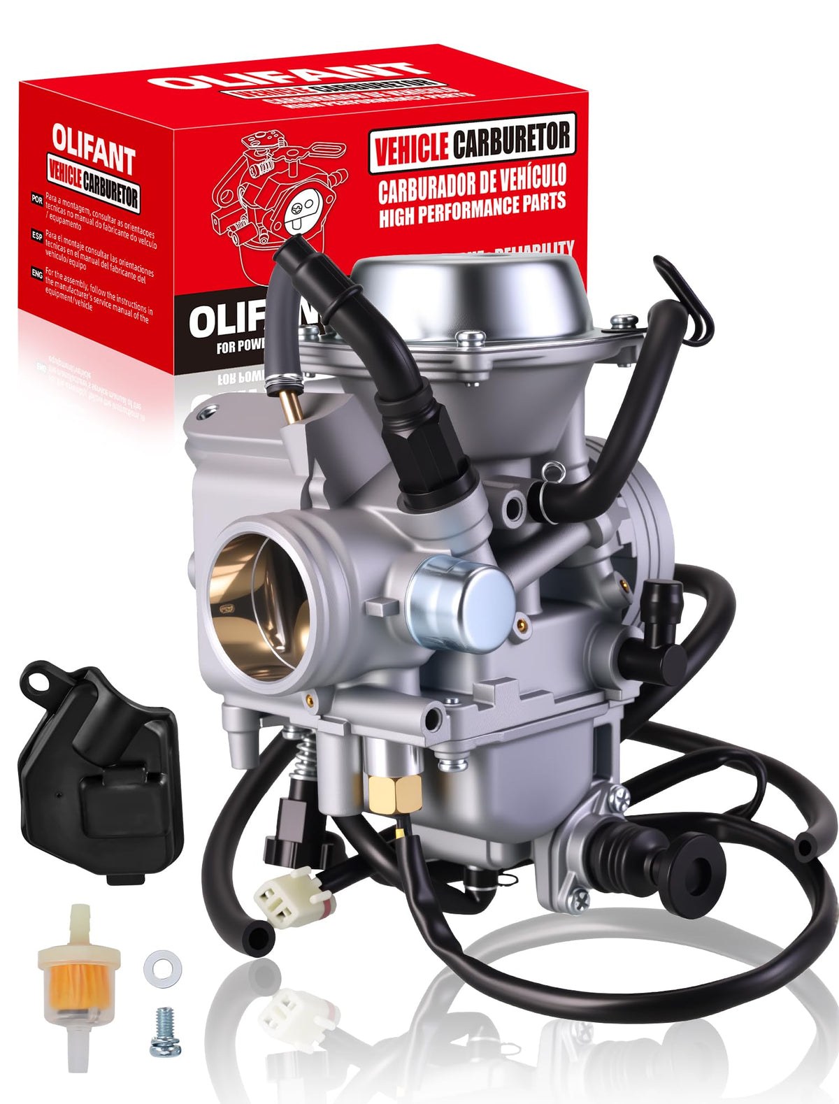 OLIFANT carburetor front view showing throttle body and benefits of direct fit