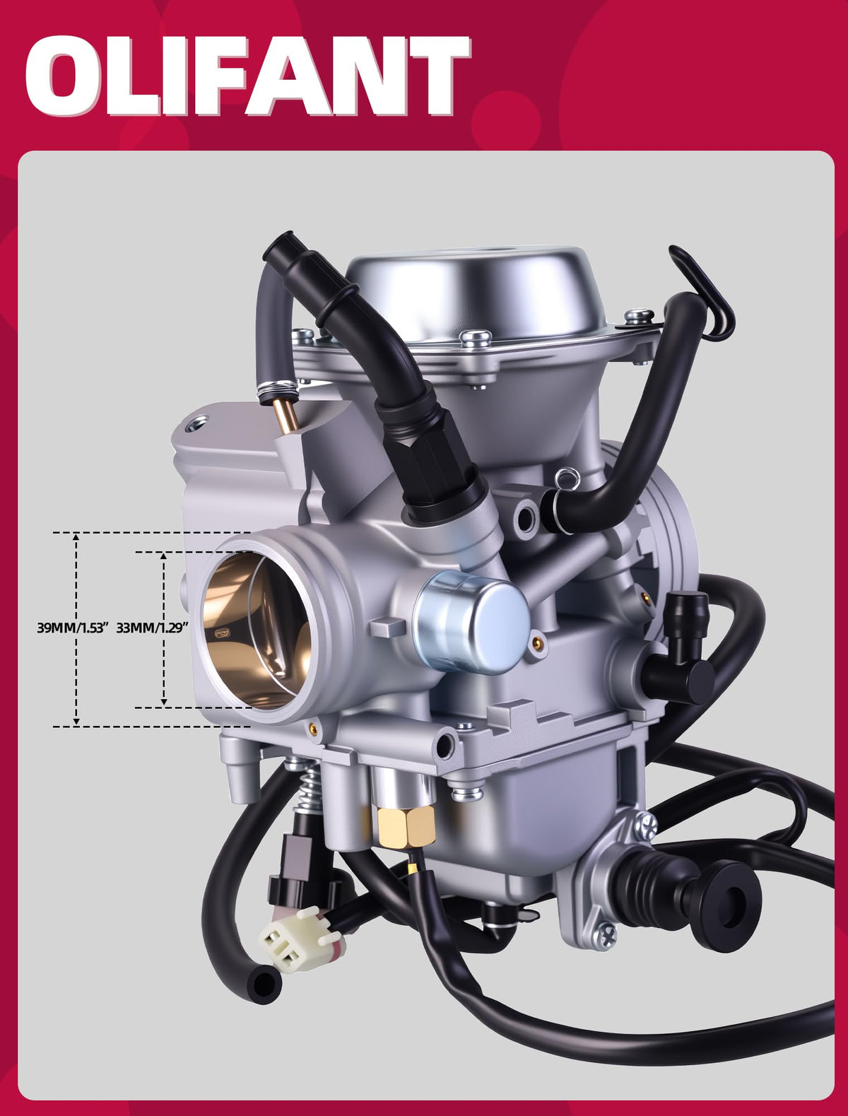 OLIFANT carburetor next to ruler showing accurate dimensions for correct fit