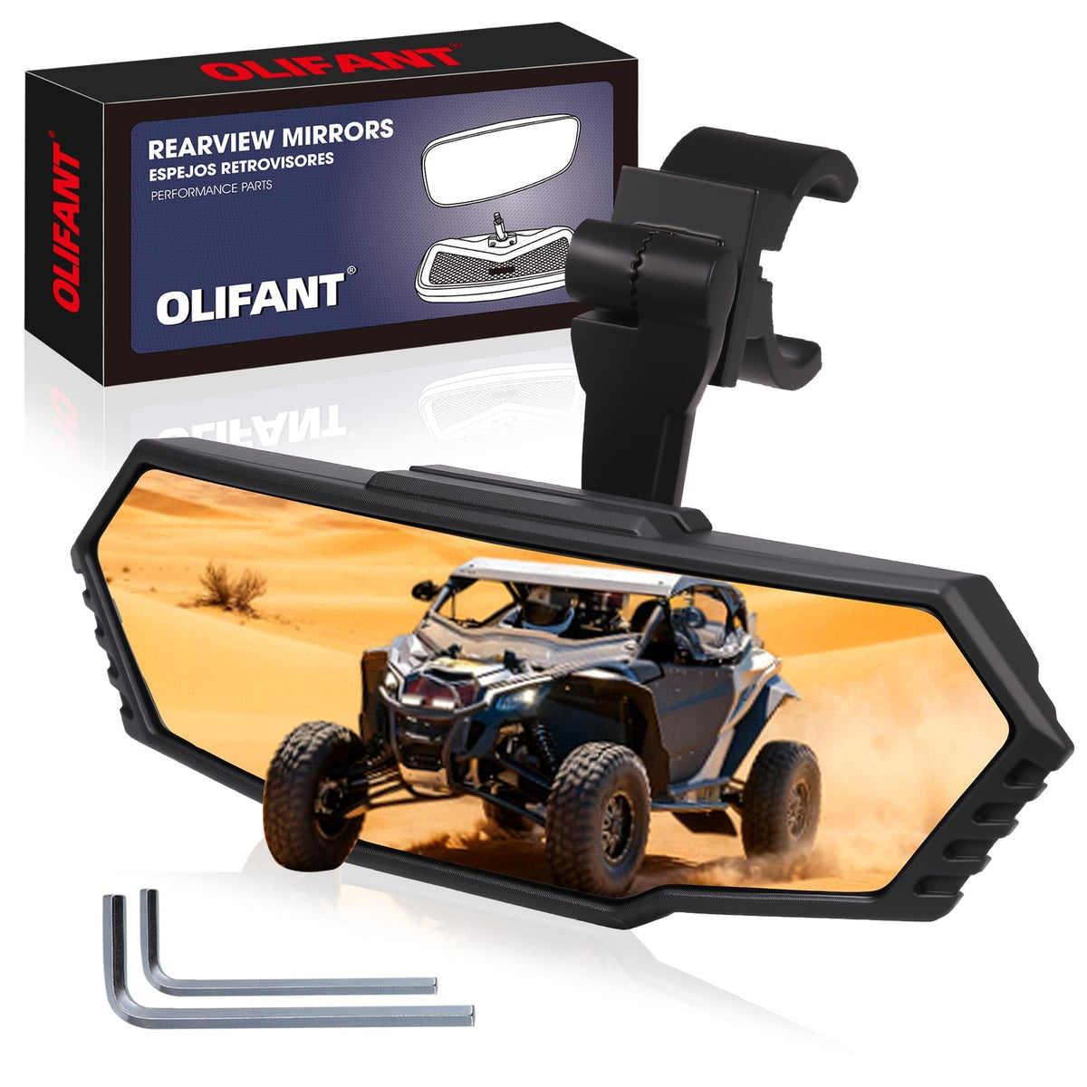 OLIFANT front view of center mirror showing wide field of view and clarity