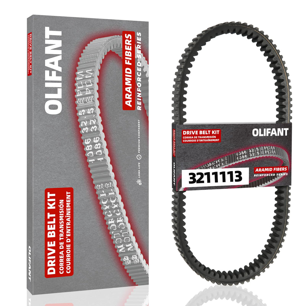 OLIFANT drive belt front packaging showing part number and fitment benefits
