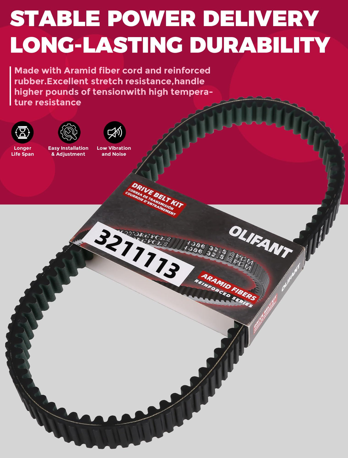 OLIFANT belt reinforcement detail displaying durable compound and longevity