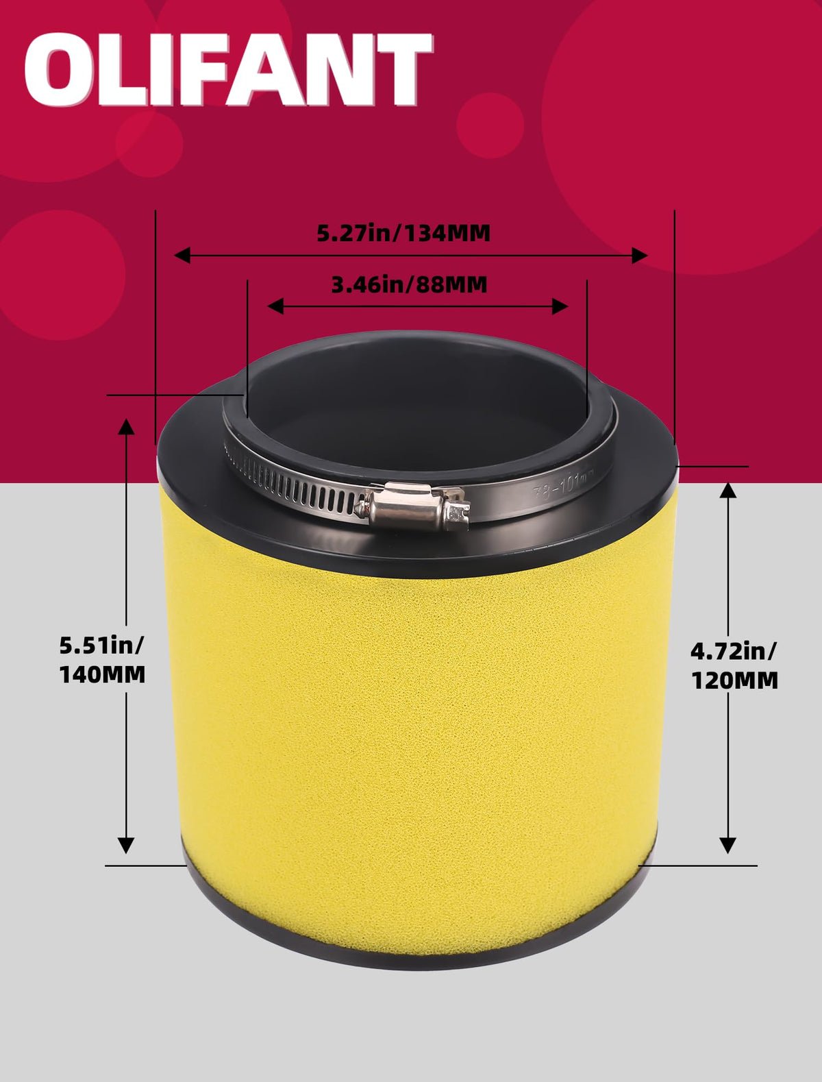 OLIFANT filter beside ruler illustrating size and accurate OEM dimensions
