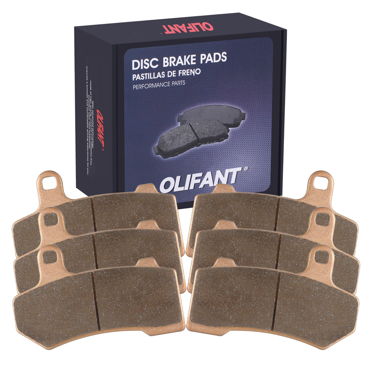 OLIFANT front and rear brake pad kit showing full set and fit benefits