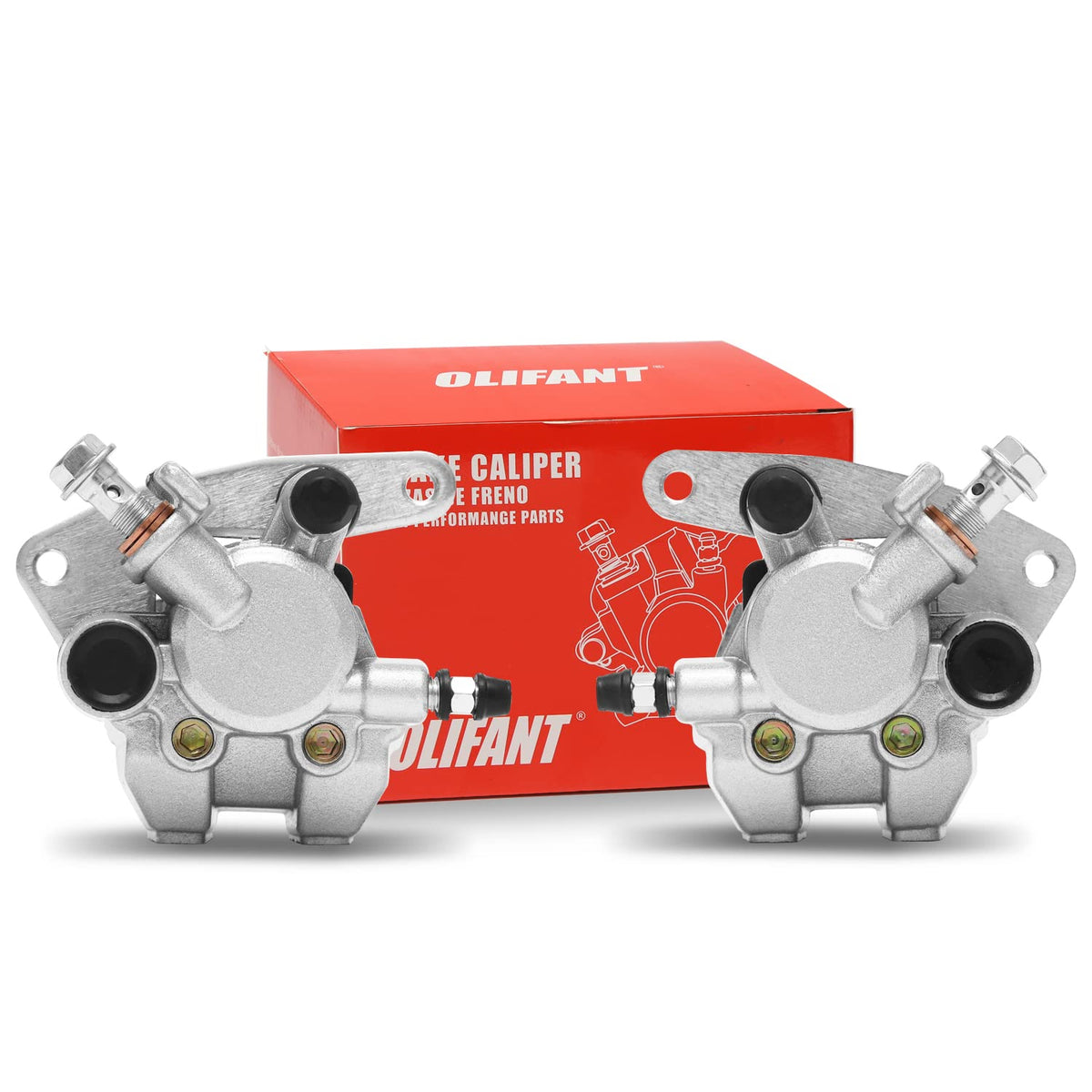 OLIFANT front calipers package view showing left and right pair, easy replacement benefit