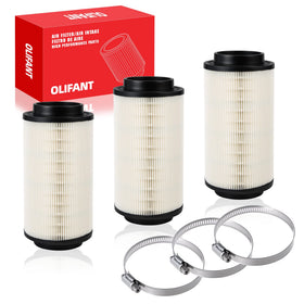 OLIFANT front packaging showing three filters and clamps, ensures correct kit