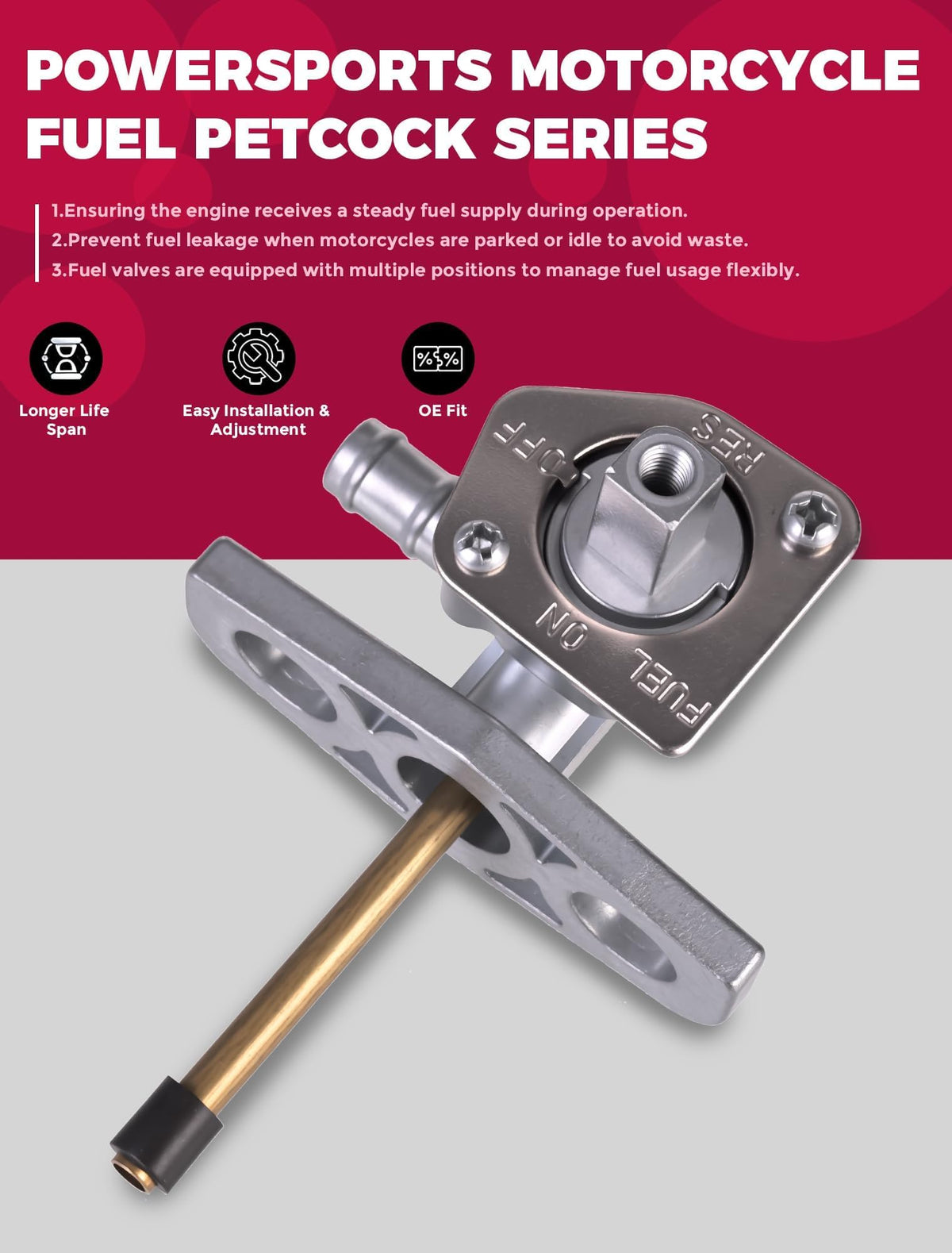 OLIFANT fuel valve mounted on Honda tank illustrating correct installation and leak prevention