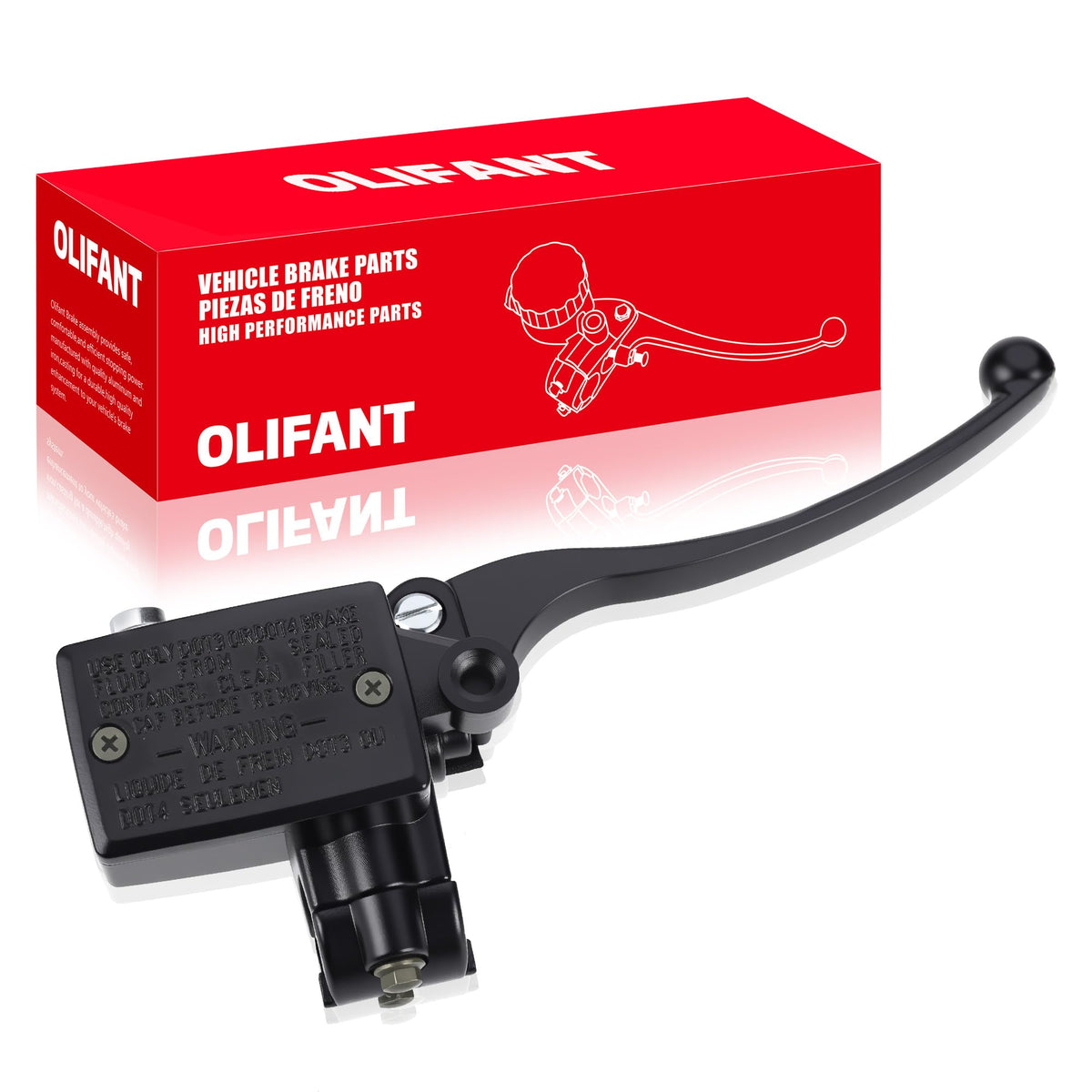 OLIFANT master cylinder front packaging showing fitment list and robust build benefit